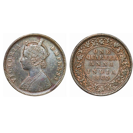 Victoria Empress, Copper, Quarter Anna, 1885, Calcutta Mint, B/II, 'C' incused. GK 840. Ve