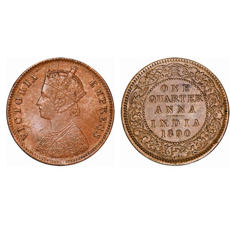 Victoria Empress, Copper, Quarter Anna, 1890, Calcutta Mint, B/II, No mint mark. GK 849. A