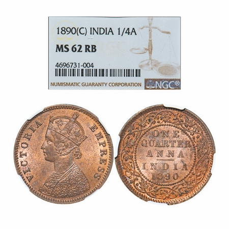 Victoria Empress, Copper, Quarter Anna, 1890, Calcutta Mint, B/II, No mint mark. GK 849. N