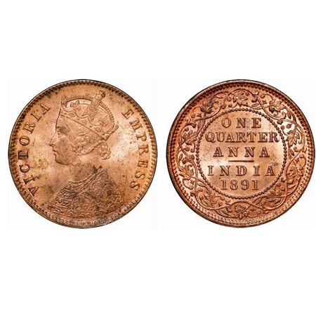 Victoria Empress, Copper, Quarter Anna, 1891, Calcutta Mint, B/II, No mint mark, Die crack