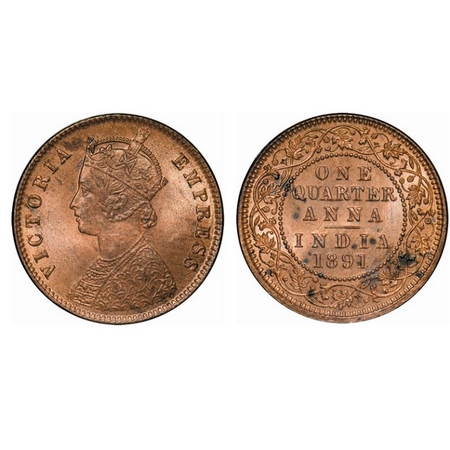 Victoria Empress, Copper, Quarter Anna, 1891, Calcutta Mint, B/II, No mint mark. GK 850. B