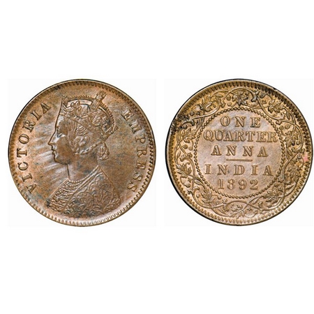 Victoria Empress, Copper, Quarter Anna, 1892, Calcutta Mint, B/II, No mint mark. GK 851. B