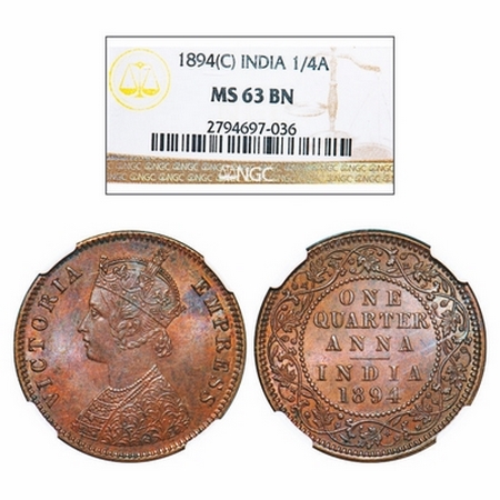 Victoria Empress, Copper, Quarter Anna, 1894, Calcutta Mint, B/II, No mint mark. GK 853. N