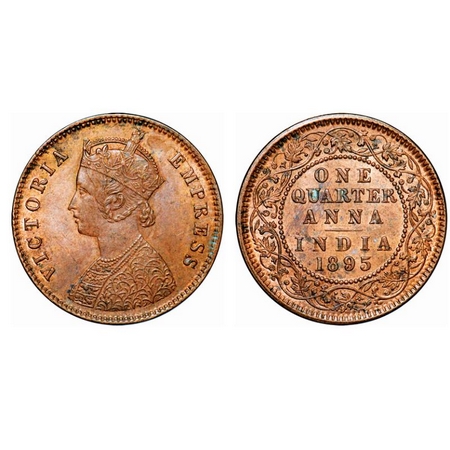Victoria Empress, Copper, Quarter Anna, 1895, Calcutta Mint, B/II, No mint mark. GK 854. U