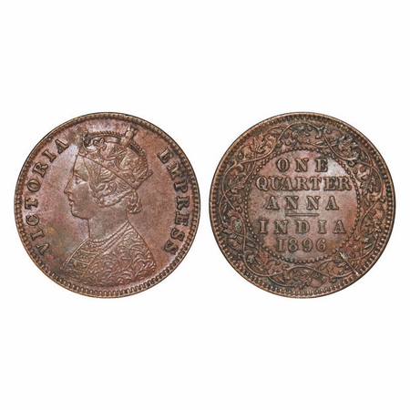 Victoria Empress, Copper, Quarter Anna, 1896, Calcutta Mint, B/II, No mint mark, Die crack