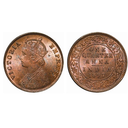 Victoria Empress, Copper, Quarter Anna, 1897, Calcutta Mint, B/II, No mint mark. GK 856. B