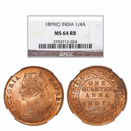 Victoria Empress, Copper, Quarter Anna, 1899, Calcutta Mint, B/II, No mint mark. GK 858. N