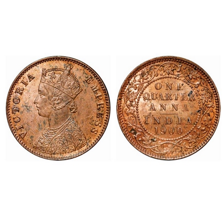 Victoria Empress, Copper, Quarter Anna, 1900, Calcutta Mint, B/II, No mint mark. GK 859. N