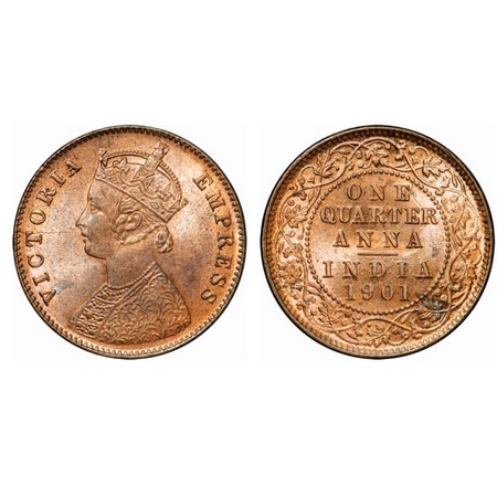 Victoria Empress, Copper, Quarter Anna, 1901, Calcutta Mint, B/II, No mint mark, Die crack
