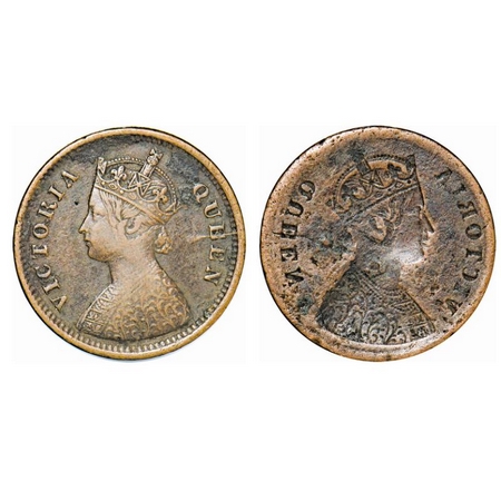 Victoria Queen, Copper, 1/2 Pice, 3.11 gm (standard weight is 3.23g), Error, Obv lakhi. Ab