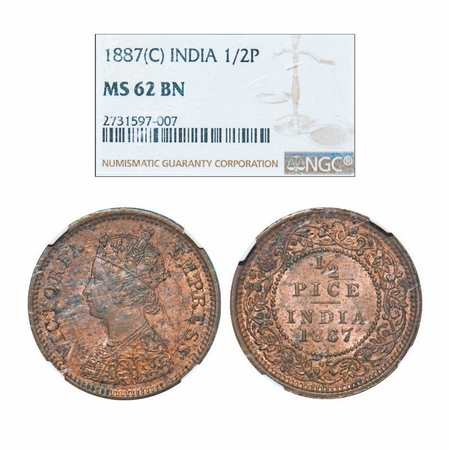 Victoria Empress, Copper, 1/2 Pice, 1887, Calcutta Mint, A/I, No mint mark. GK 867. NGC Sl