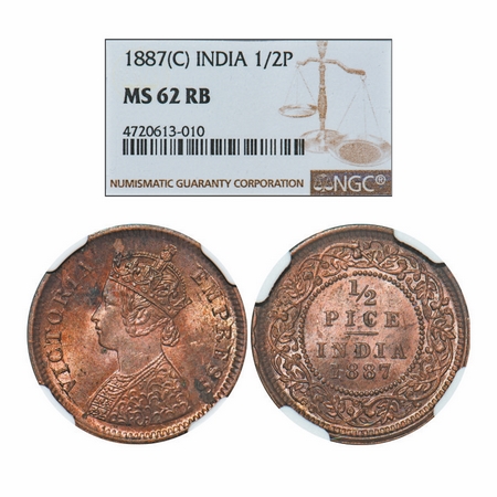 Victoria Empress, Copper, 1/2 Pice, 1887, Calcutta Mint, A/I, No mint mark. GK 867. NGC Sl