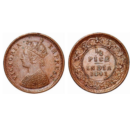 Victoria Empress, Copper, 1/2 Pice, 1891, Calcutta Mint, A/I, No mint mark. GK 871. Extrem