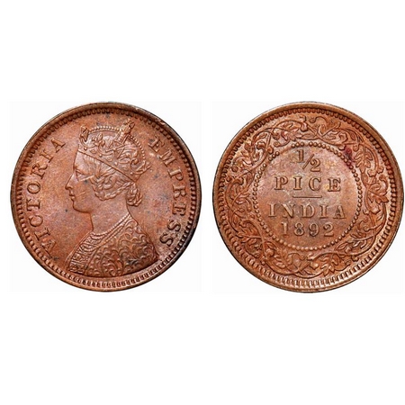 Victoria Empress, Copper, 1/2 Pice, 1892, Calcutta Mint, A/I, No mint mark. GK 872. Scratc