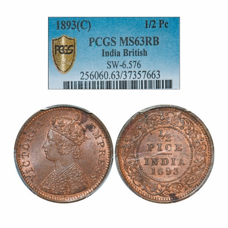 Victoria Empress, Copper, 1/2 Pice, 1893, Calcutta Mint, A/I, No mint mark. GK 873. PCGS S