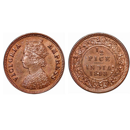 Victoria Empress, Copper, 1/2 Pice, 1898, Calcutta Mint, A/I, No mint mark. GK 878. Uncirc