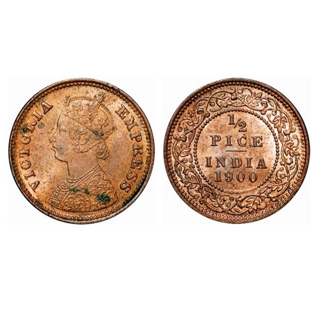 Victoria Empress, Copper, 1/2 Pice, 1900, Calcutta Mint. A/I, No mint mark. GK 880. Uncirc