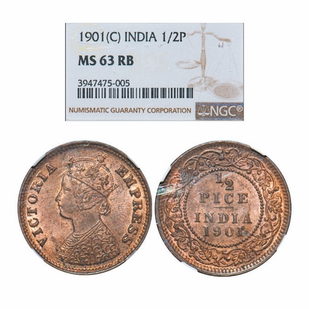 Victoria Empress, Copper, 1/2 Pice, 1901, Calcutta Mint, A/I, No mint mark. GK 881. NGC Sl
