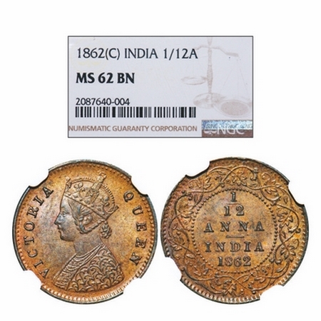 Victoria Queen, Copper, 1/12 Anna, 1862, Calcutta Mint, A/I. GK 403. NGC Slabbed MS 62 BN.