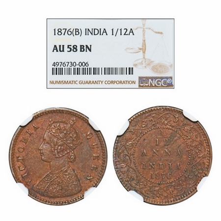 Victoria Queen, Copper, 1/12 Anna, 1876, Bombay Mint, Obv A, No mint mark. GK 887. NGC Sla