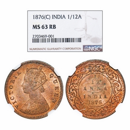 Victoria Queen, Copper, 1/12 Anna, 1876, Calcutta Mint, Obv A, No mint mark. GK 888. NGC S