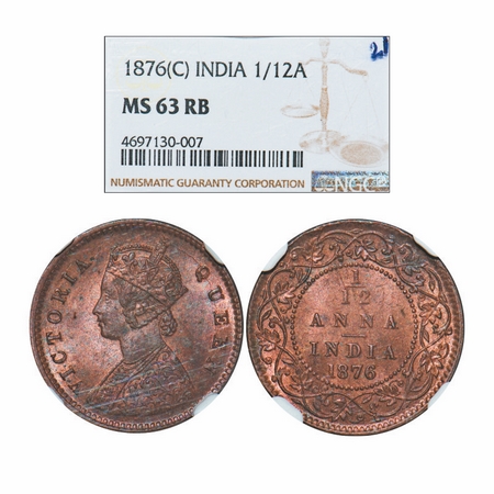 Victoria Queen, Copper, 1/12 Anna, 1876, Calcutta Mint, Obv A, No mint mark. GK 888. NGC S