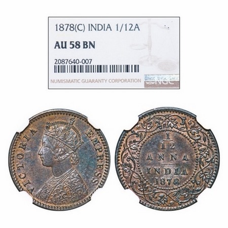 Victoria Empress, Copper, 1/12 Anna, 1878, Calcutta Mint, Obv B, No mint mark. GK 891. NGC
