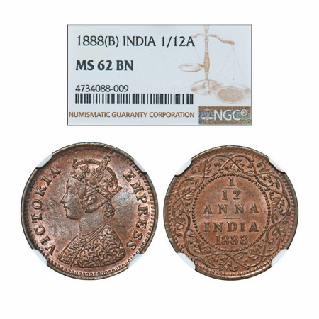 Victoria Empress, Copper, 1/12 Anna, 1888, Bombay Mint, Obv A, No mint mark. GK 907. NGC S
