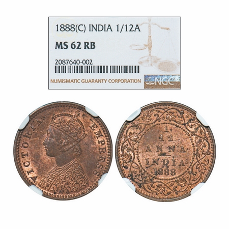 Victoria Empress, Copper, 1/12 Anna, 1888, Calcutta Mint, Obv B, No mint mark. GK 908. NGC