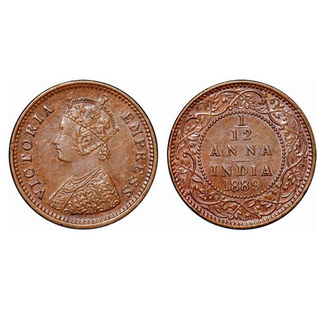 Victoria Empress, Copper, 1/12 Anna, 1889, Bombay Mint, Obv A, No mint mark, Extra metal o