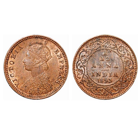 Victoria Empress, Copper, 1/12 Anna, 1893, Calcutta Mint, Obv B, No mint mark, Nick on Rev