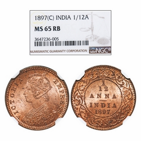 Victoria Empress, Copper, 1/12 Anna, 1897, Calcutta Mint, Obv B, No mint mark. GK 918. NGC