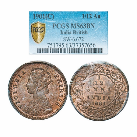 Victoria Empress, Copper, 1/12 Anna, 1901, Calcutta Mint, Obv B, No mint mark. GK 921. PCG