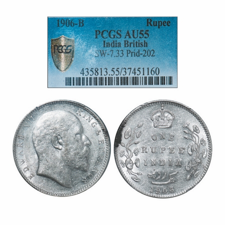Edward VII, Silver, Rupee, 1906, Bombay Mint, B incused and dot. GK 940. PCGS Slabbed AU 5