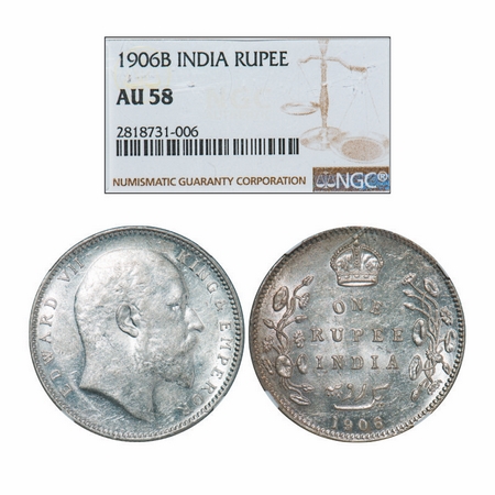 Edward VII, Silver, Rupee, 1906, Bombay Mint, 'B' incused and dot. GK 940. NGC Slabbed AU