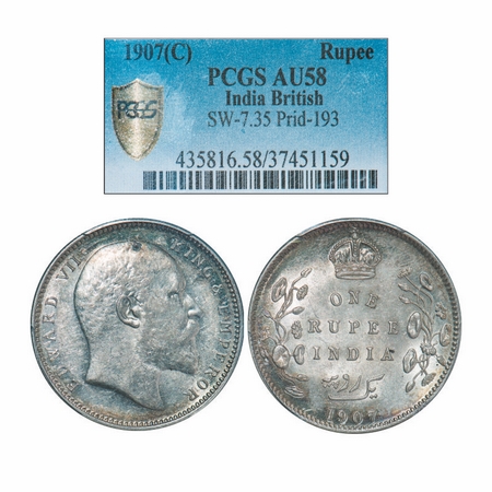 Edward VII, Silver, Rupee, 1907, Calcutta Mint, No mint mark. GK 942. PCGS Slabbed AU 58. 