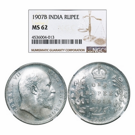 Edward VII, Silver, Rupee, 1907, Bombay Mint, 'B' incused and dot. GK 943. NGC Slabbed MS