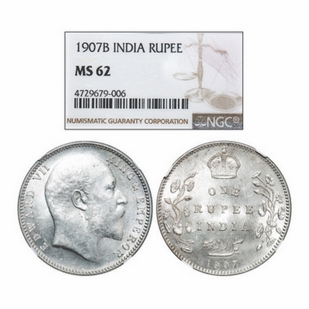 Edward VII, Silver, Rupee, 1907, Bombay Mint, 'B' incused and dot. GK 943. NGC Slabbed MS