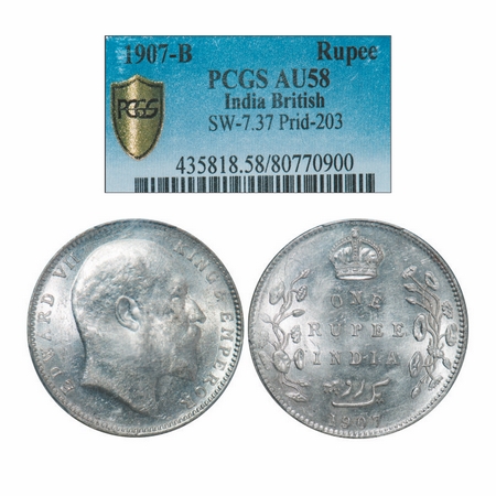 Edward VII, Silver, Rupee, 1907, Bombay Mint, 'B' incused and dot, Broad numeral 7. GK 943