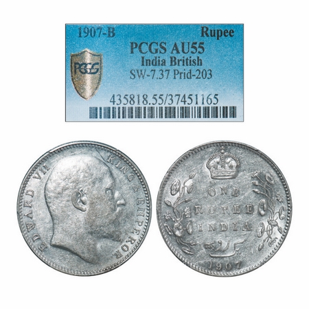 Edward VII, Silver, Rupee, 1907, Bombay Mint, 'B' incused and dot, Narrow numeral 7. GK 94
