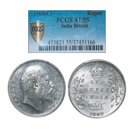 Edward VII, Silver, Rupee, 1908, Calcutta mint, No mint mark. GK 946. PCGS Slabbed AU 55. 