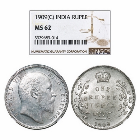 Edward VII, Silver, Rupee, 1909, Calcutta mint, No mint mark. GK 950. NGC Slabbed MS 62. R