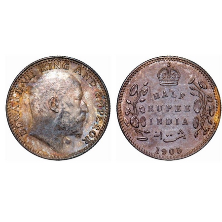 Edward VII, Silver, Half Rupee, 1905, Calcutta Mint, No mint mark. GK 960. Almost Uncircul