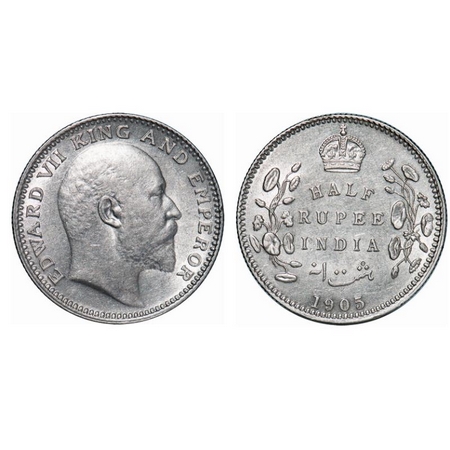 Edward VII, Silver, Half Rupee, 1905, Calcutta Mint, No mint mark, Edge nick on Obv rim ed