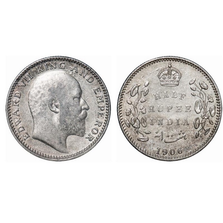 Edward VII, Silver, Half Rupee, 1906, Calcutta Mint, No mint mark. GK 964. Almost Uncircul