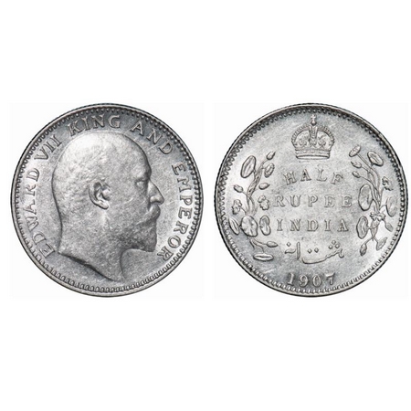 Edward VII, Silver, Half Rupee, 1907, Calcutta Mint, No mint mark. GK 967. Uncirculated. R