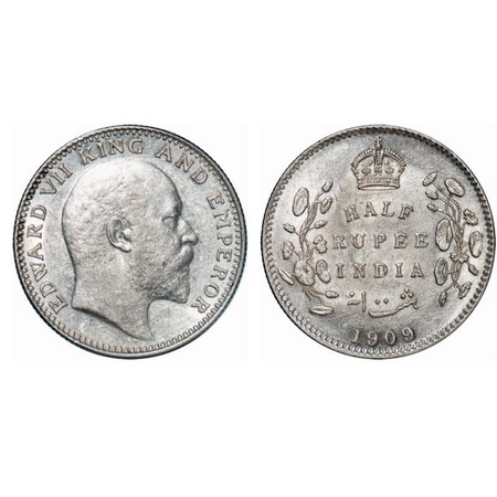 Edward VII, Silver, Half Rupee, 1909, Calcutta Mint, No mint mark. GK 969. Uncirculated. R