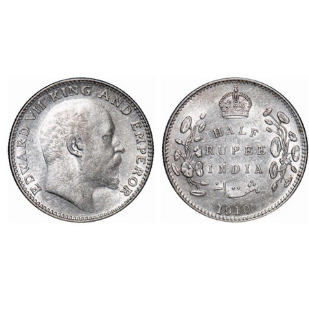 Edward VII, Silver, Half Rupee, 1910, Bombay Mint, 'B' incused and dot. GK 970. Uncirculat