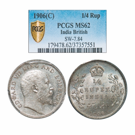 Edward VII, Silver, 1/4 Rupee, 1906, Calcutta Mint, No mint mark. GK 975. PCGS Slabbed MS 