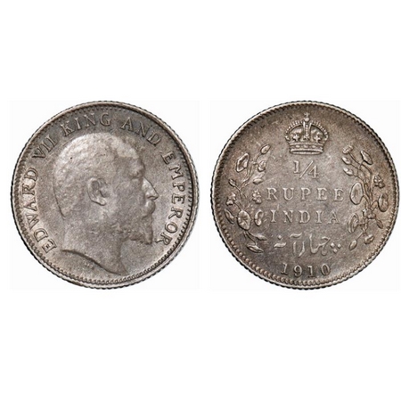 Edward VII, Silver, 1/4 Rupee, 1910, Calcutta Mint, No mint mark. GK 978. Almost Uncircula